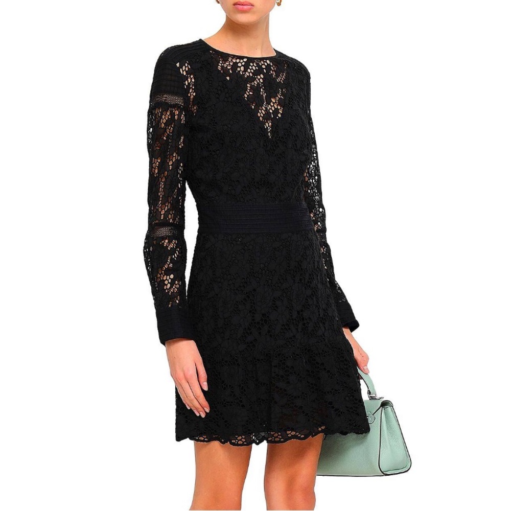 BA&SH Size 1 Robe Aprhodite Black Eyelet Lace Long Sleeve Mini Dress. US Small